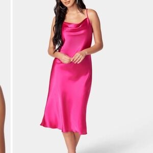 Bebe Satin Cowl Neck Slip Midi Dress Fuchsia Pink Spaghetti Strap Valentine